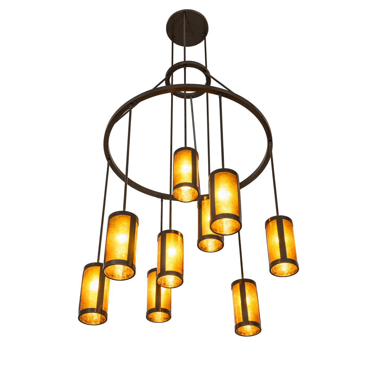 Upward angle view of the chandelier highlighting the illuminated amber mica cylinders.