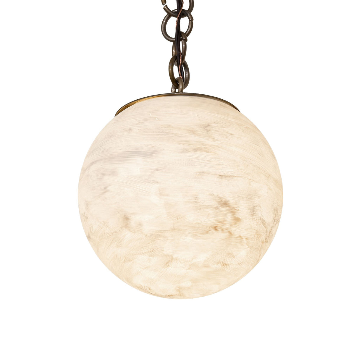 Bottom angle view of illuminated alabaster glass globe on Castiliolite Bola chandelier.