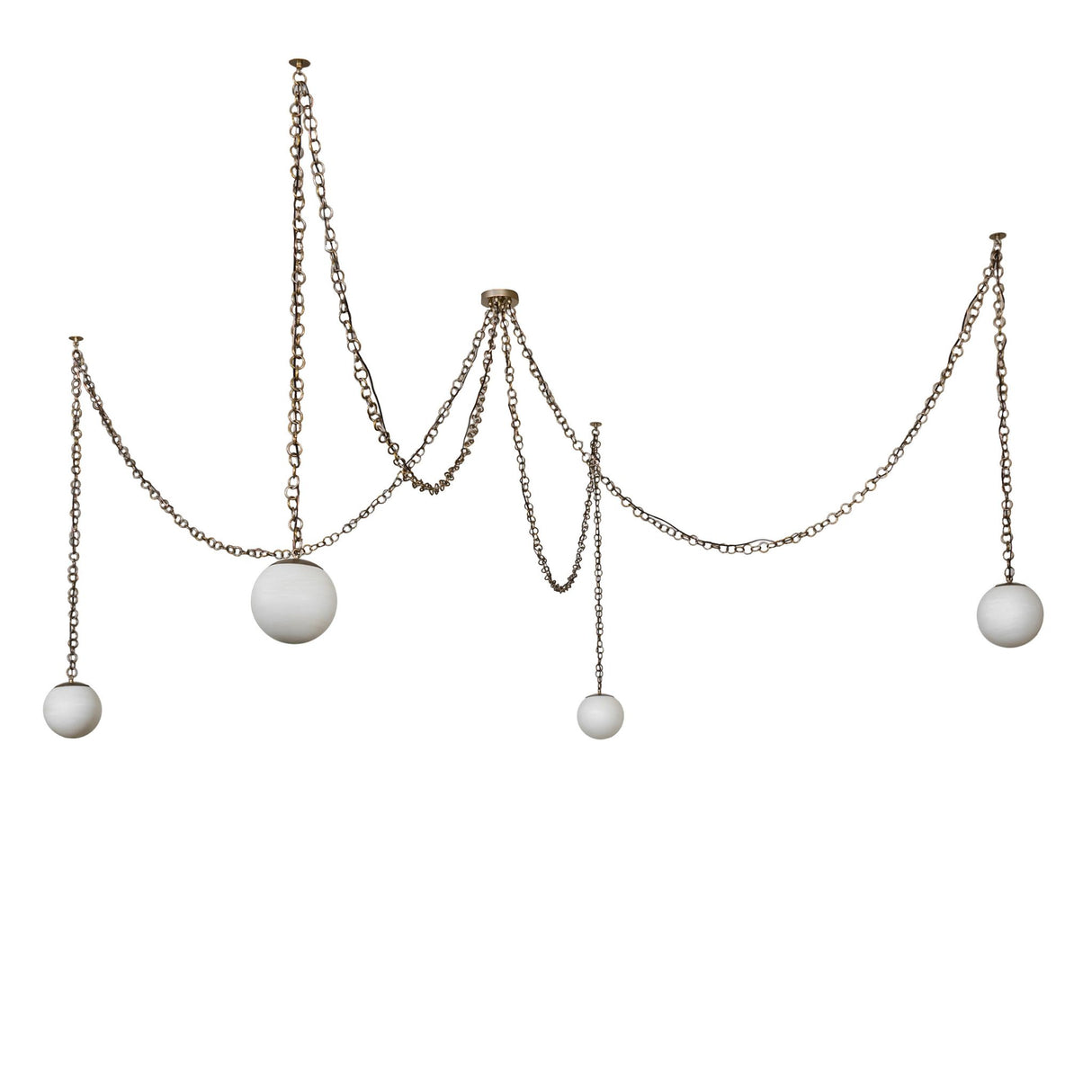 Unlit view of Castiliolite Bola chandelier showing suspended alabaster glass globes.