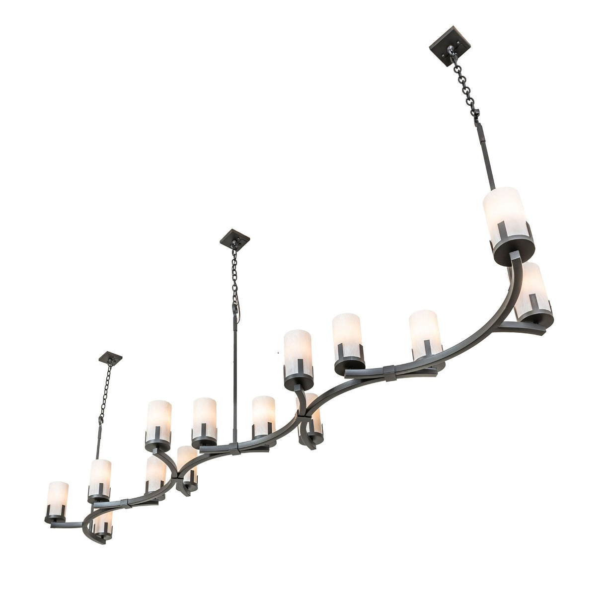 Bottom angle view emphasizing curved framework and layered light arrangement.