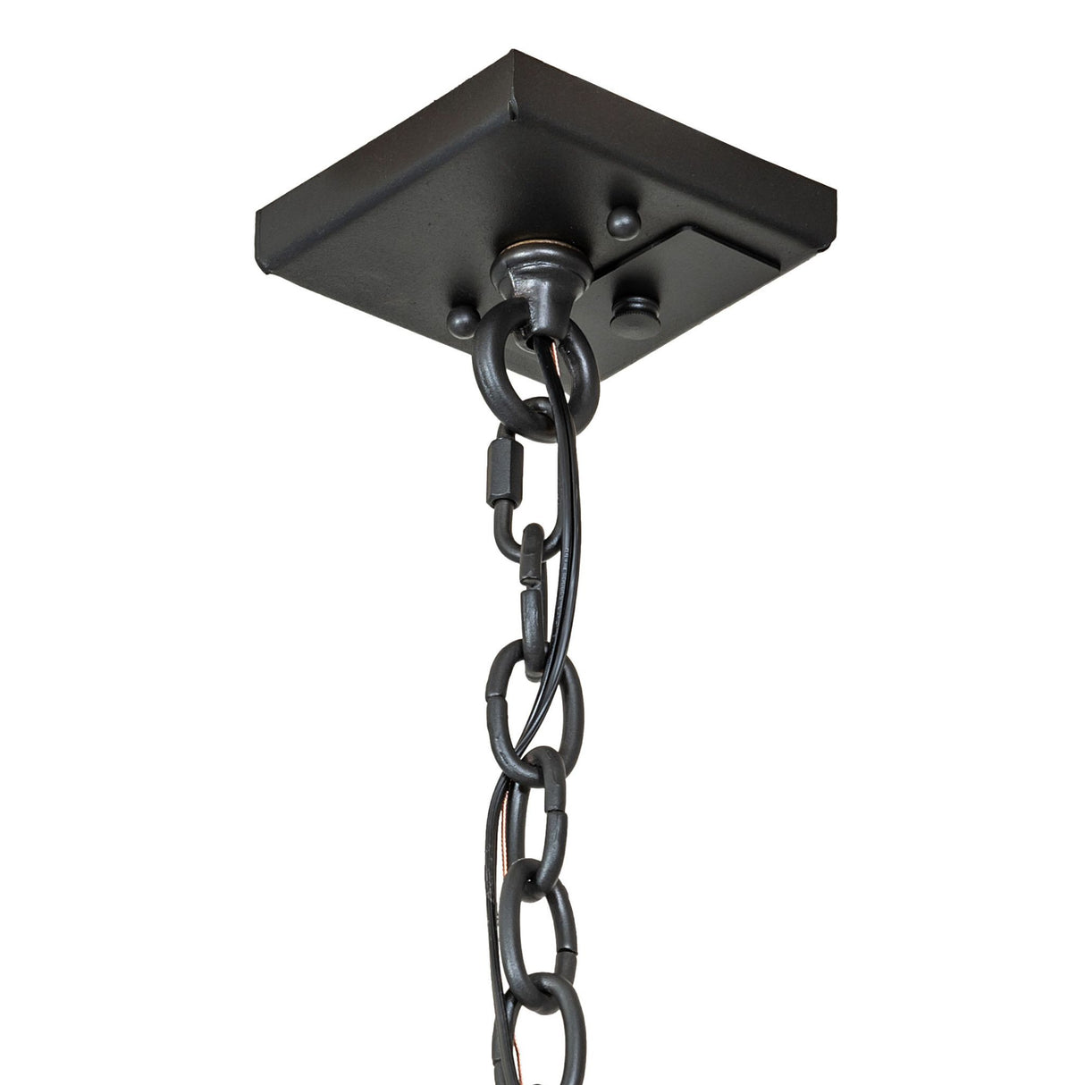 Closeup of square ceiling canopy with chain suspension in charred Iron finish.