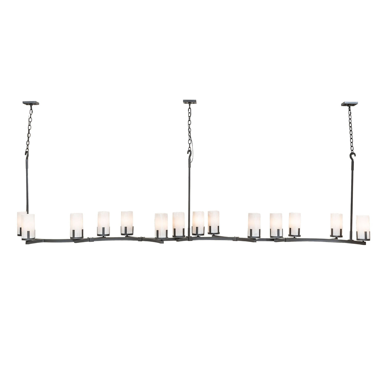 Side view of Cero oblong chandelier displaying elongated profile and evenly spaced lights.