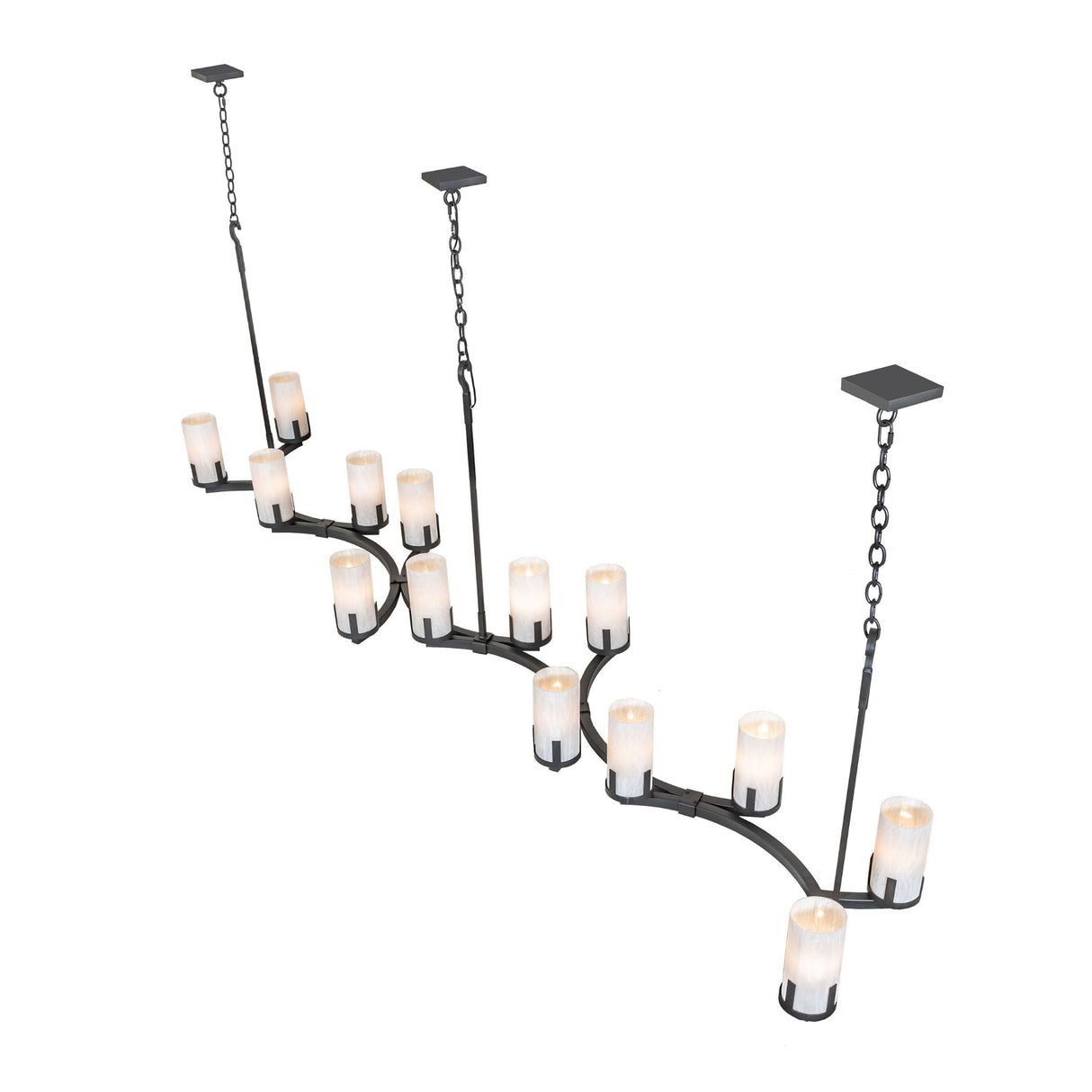 Top angle view of chandelier showing staggered arms and suspended cylindrical shades.
