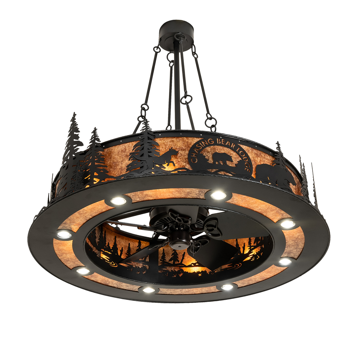 Bottom Angle view showing integrated fan and circular downlights around rim.