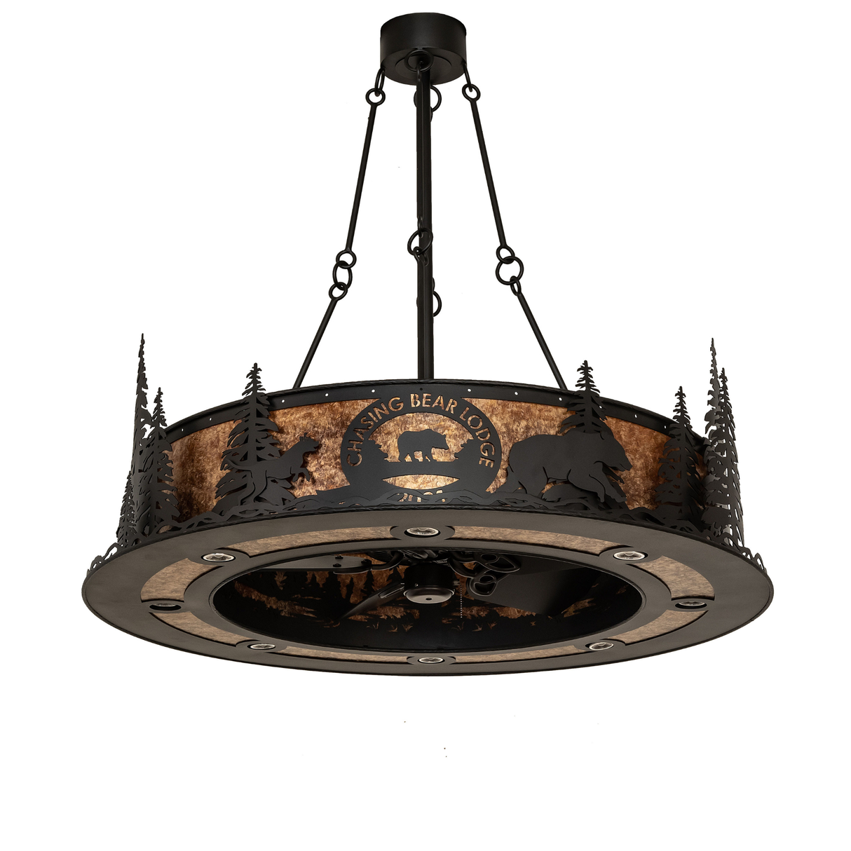 Unlit front view showing wildlife silhouettes and metal forest design.