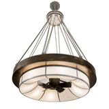 Bottom lit angled view of Cilindro Ventura Chandel-Air with integrated fan and glowing diffuser.