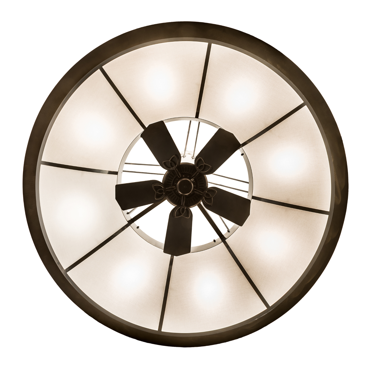 Bottom lit view highlighting fan blades and circular light diffusion pattern.