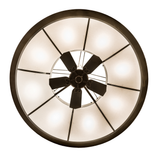 Bottom lit view highlighting fan blades and circular light diffusion pattern.