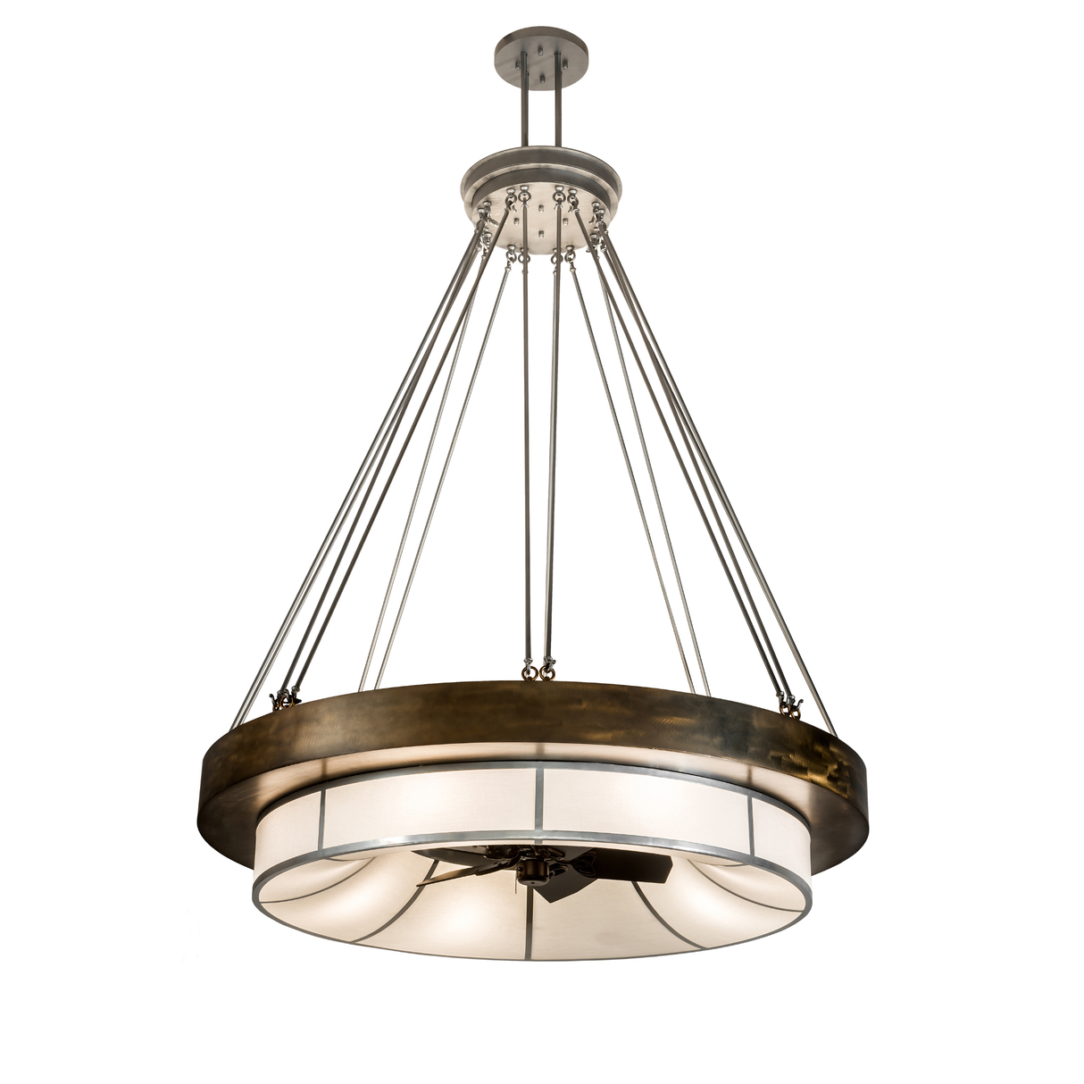Lit angled view of 72" Cilindro Ventura Chandel-Air with linen diffuser and chrome supports.