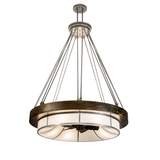 Lit angled view of 72" Cilindro Ventura Chandel-Air with linen diffuser and chrome supports.
