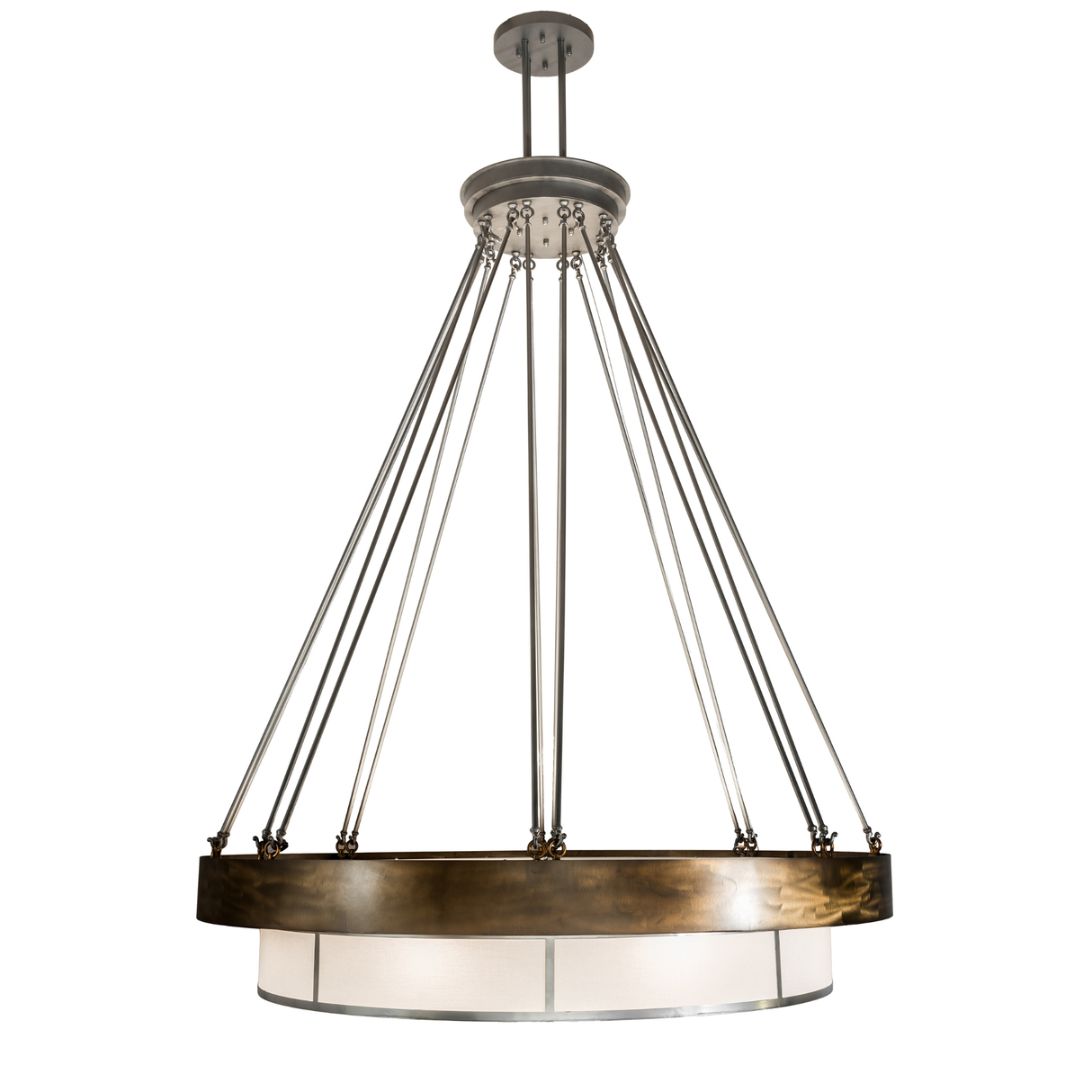 Side view of Cilindro Ventura Chandel-Air showing suspended chrome rods and copper ring detail.