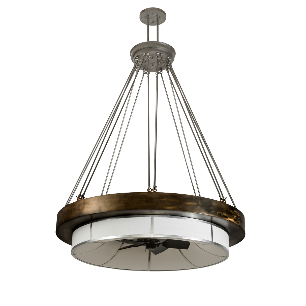 Unlit angled view showing fan blades, Antique Copper ring, and Linen Textrene shade.