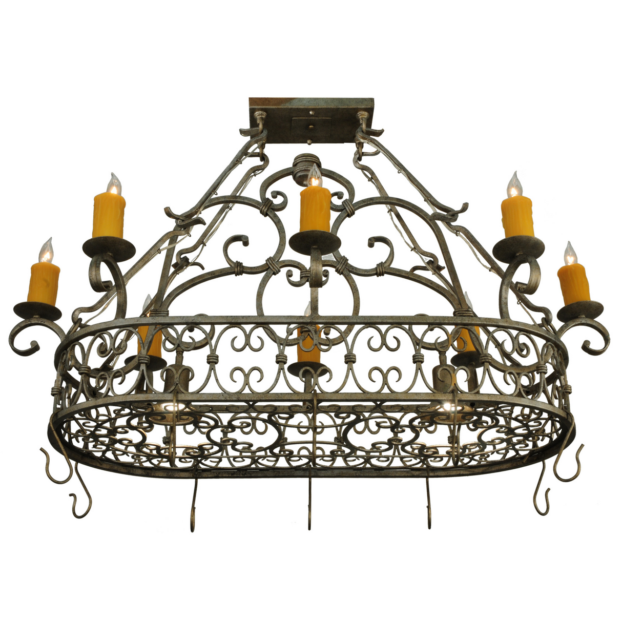 Front view of Cira chandelier fully lit with warm candle glow.