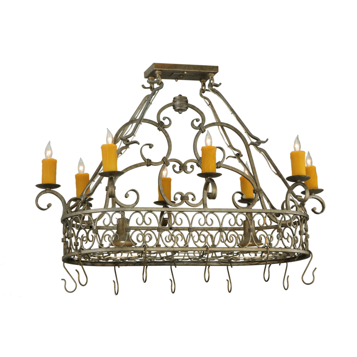 40" Cira 10-light pot rack chandelier with scrollwork and candles.
