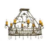 40" Cira 10-light pot rack chandelier with scrollwork and candles.