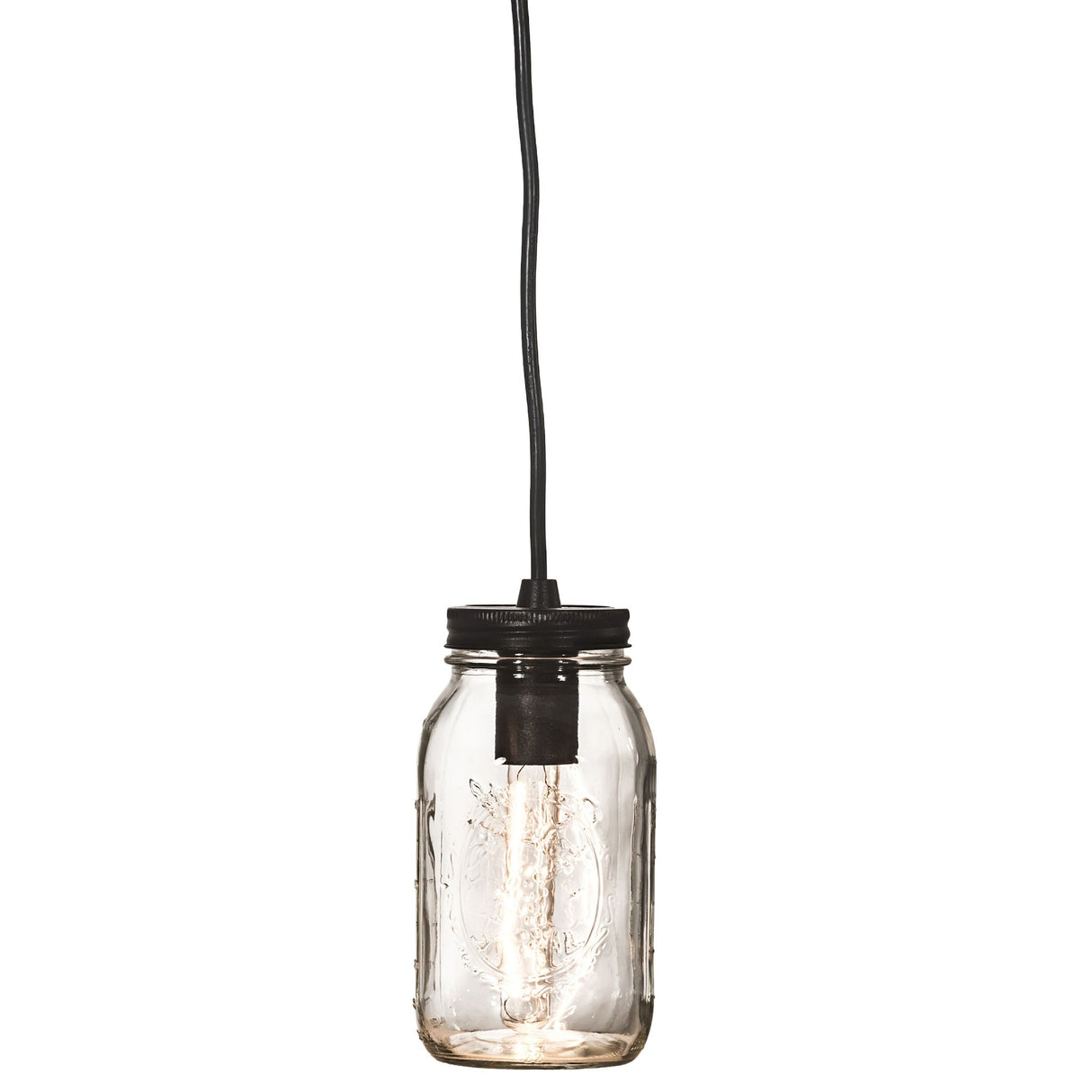 Clear glass mason jar pendant with black lid and exposed bulb.