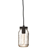 Clear glass mason jar pendant with black lid and exposed bulb.