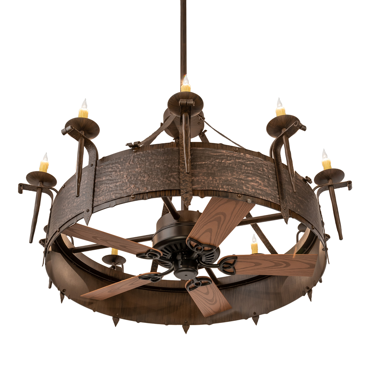 Bottom angled view showing fan integration and rustic metalwork.