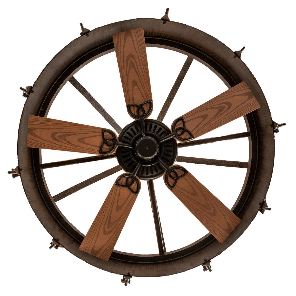 Bottom view of Costello Chandel-Air with wooden fan blades.