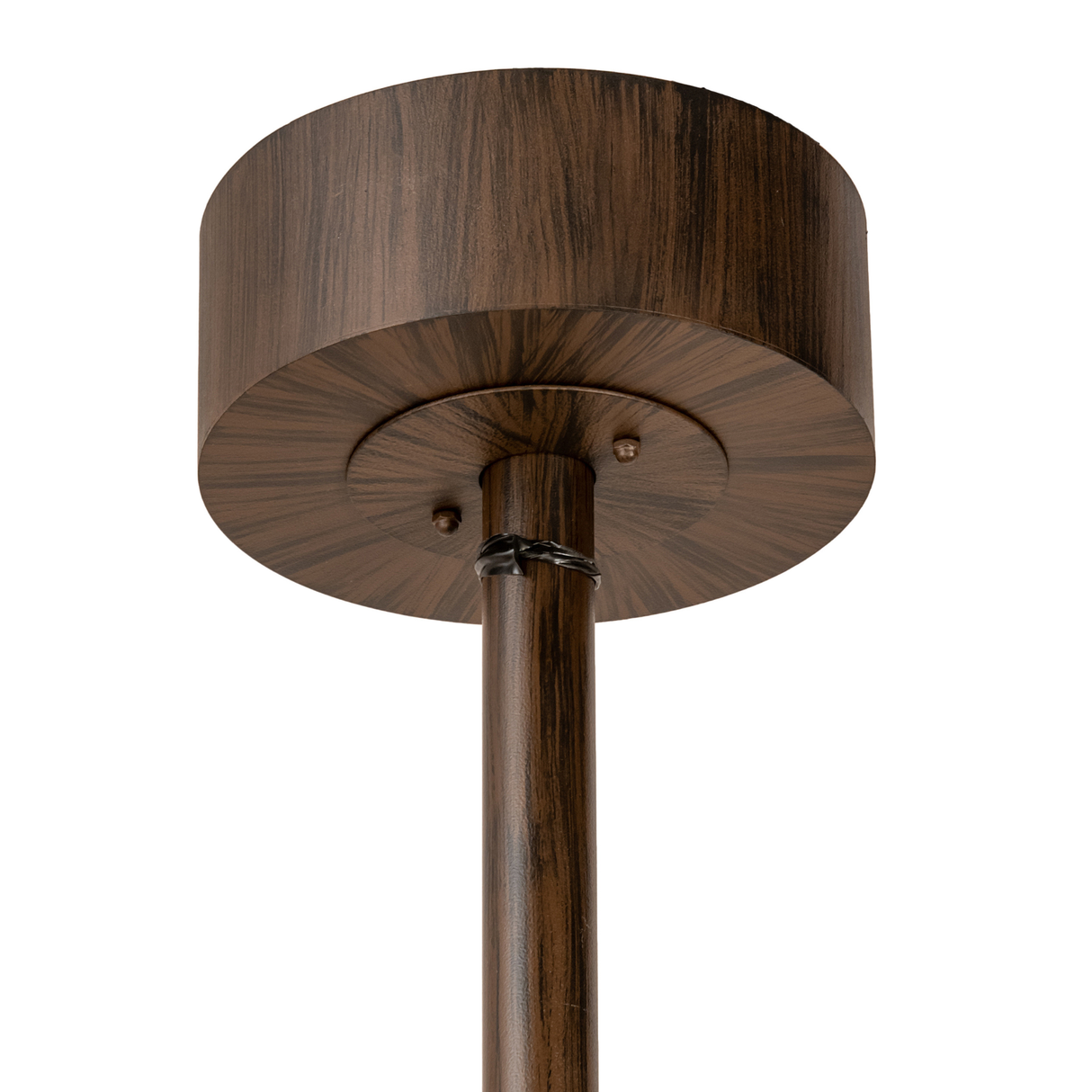 Close-up of canopy and suspension rod with wood-textured finish.