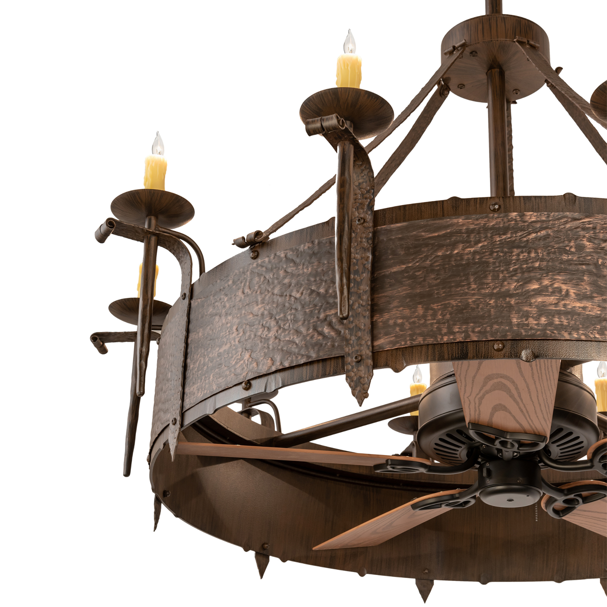 Close-up of rustic candlelight sconces and hammered copper finish.