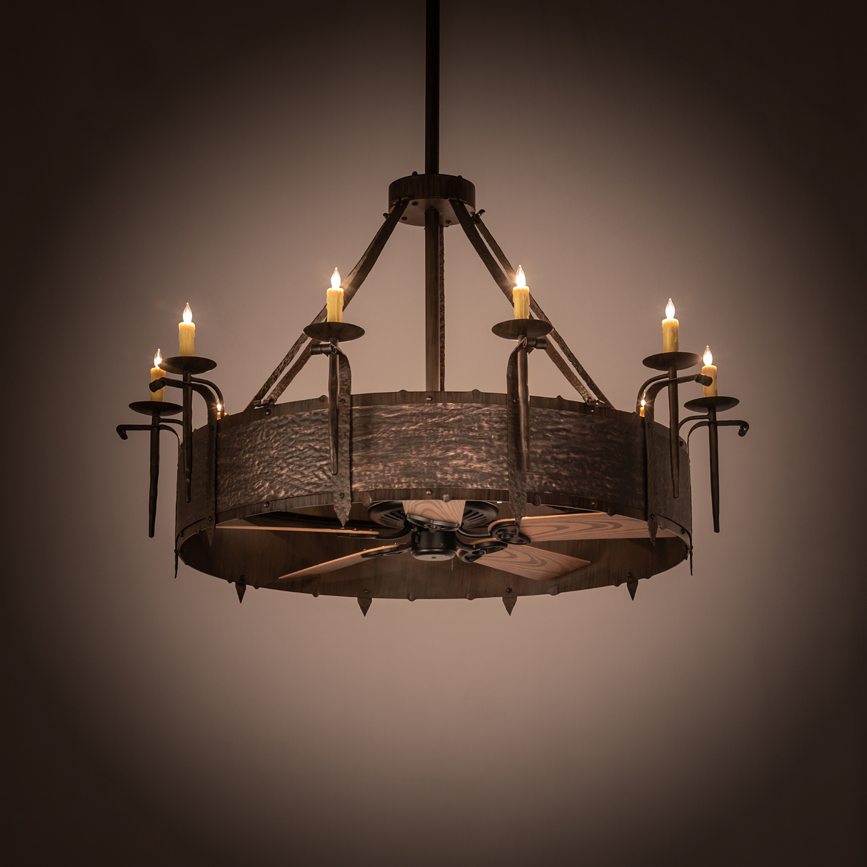 Costello Chandel-Air glowing warmly with rustic candlelight ambience.