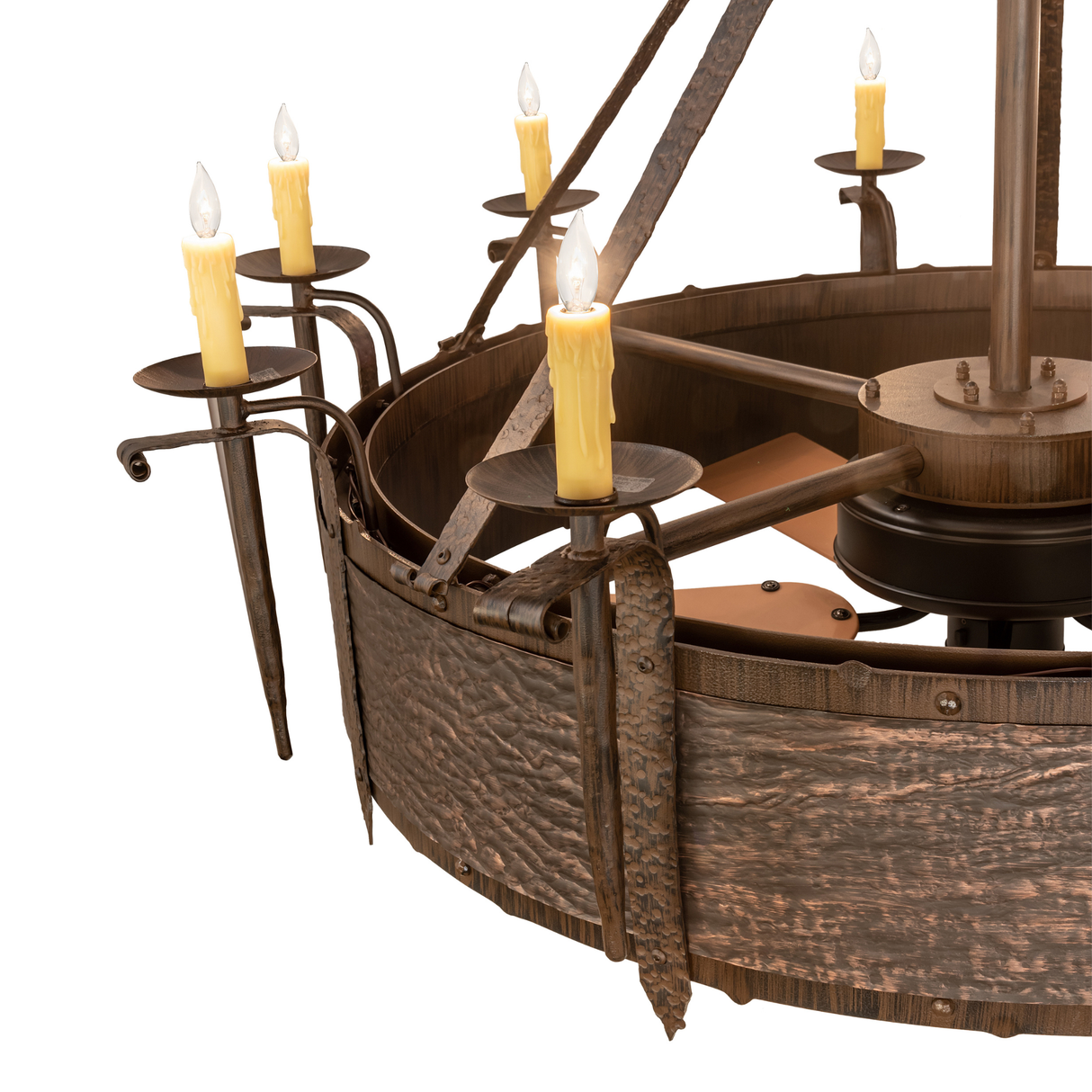 Side lit view showcasing rustic craftsmanship and warm candle glow.