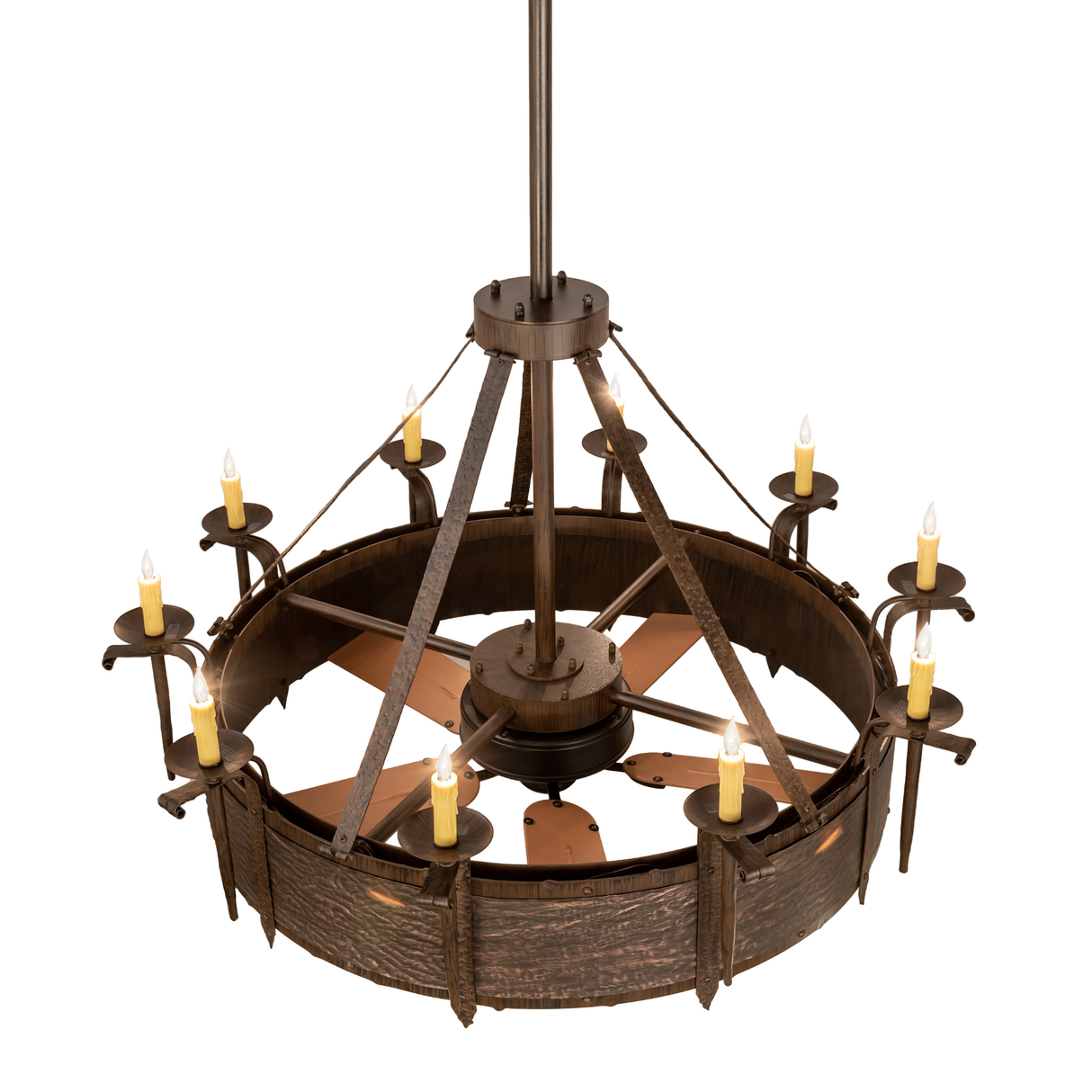 Top angled view showing fan blades and hammered copper detailing.