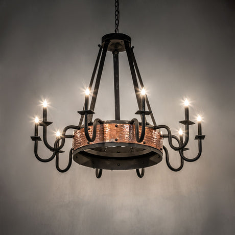 Ambient view of Costello chandelier showing warm glow and rustic copper detailing.