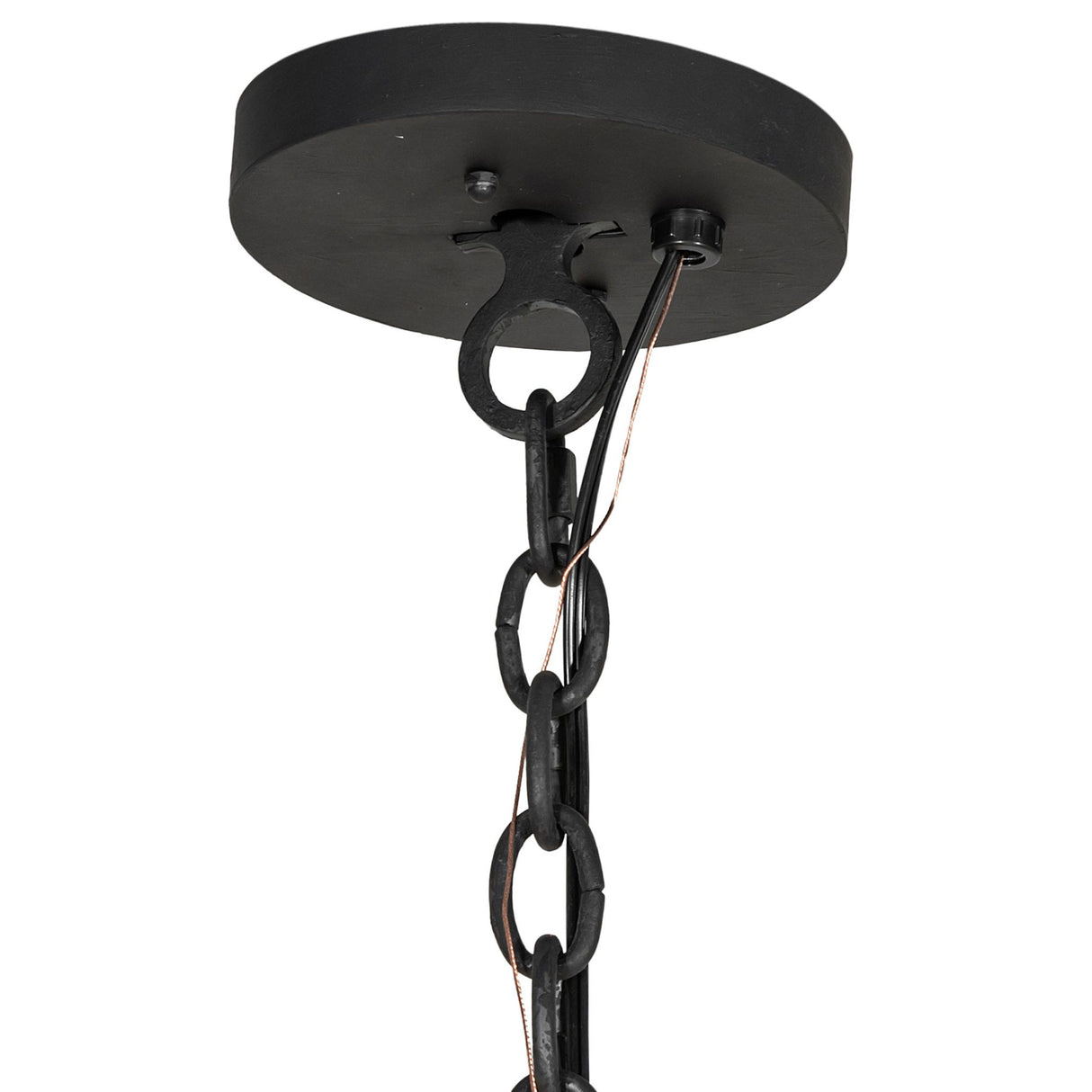 Close-up of chandelier ceiling canopy and adjustable chain in black finish.
