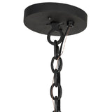 Close-up of chandelier ceiling canopy and adjustable chain in black finish.