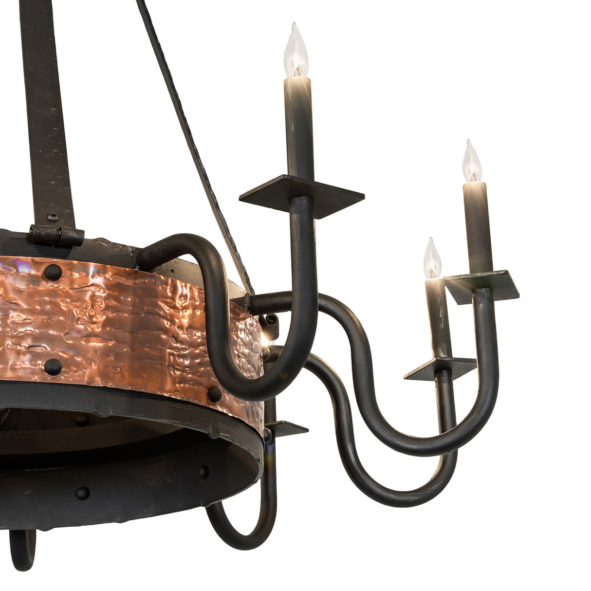 Close-up of Costello chandelier arm with black metal finish and candle-style socket.