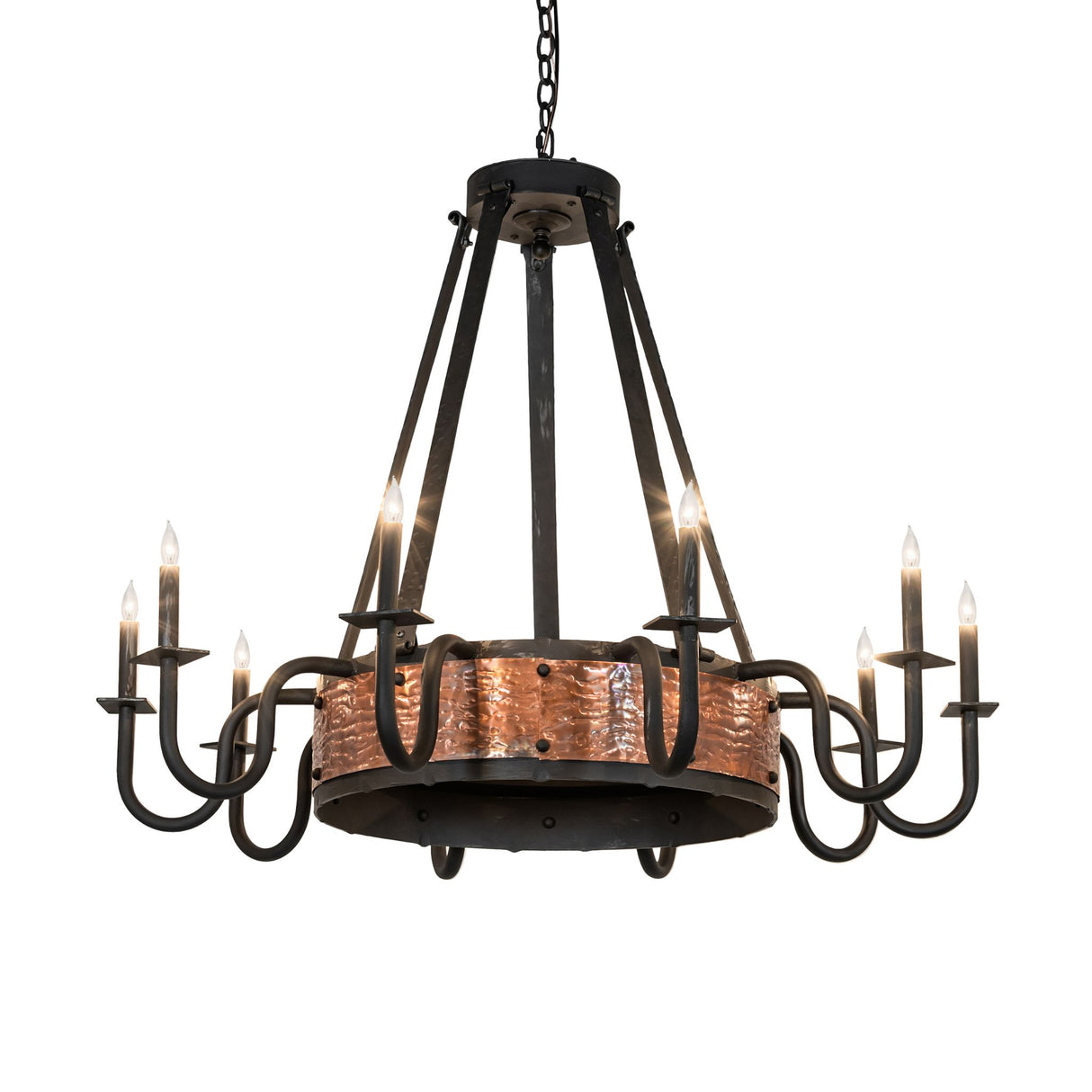 Lit view of Costello 10-light chandelier with hammered copper band and candle-style lights.