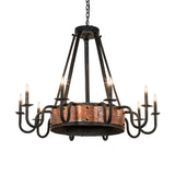 Lit view of Costello 10-light chandelier with hammered copper band and candle-style lights.