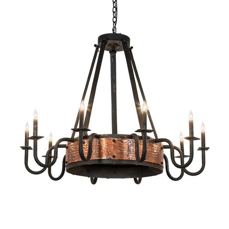 Lit view of Costello 10-light chandelier with hammered copper band and candle-style lights.