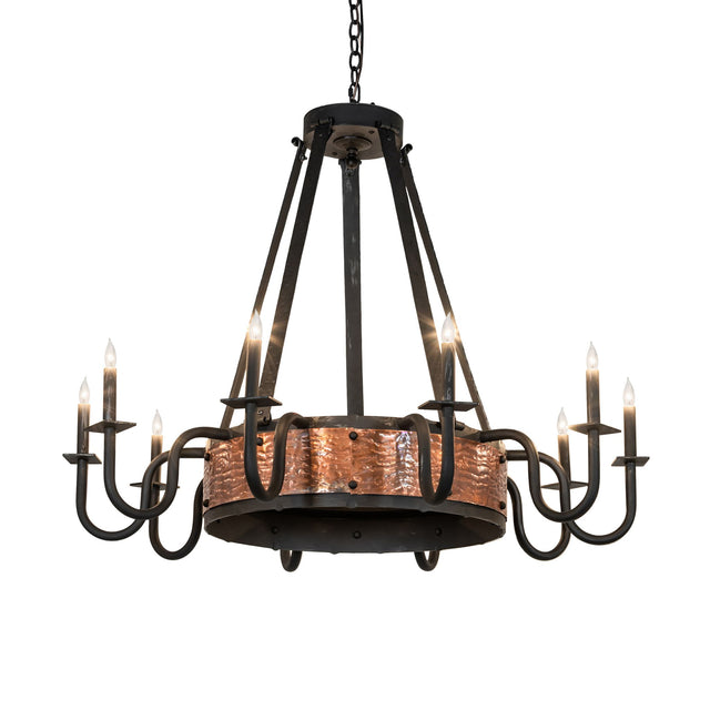 Lit view of Costello 10-light chandelier with hammered copper band and candle-style lights.