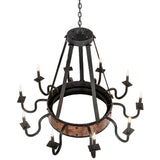 Top angle view of Costello chandelier showing suspension arms and circular copper band.
