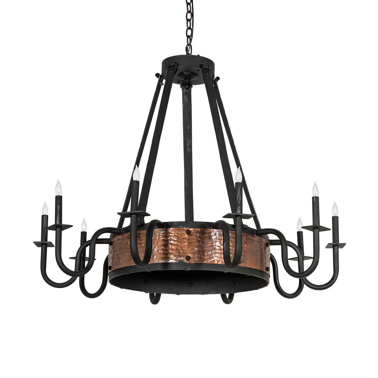 Unlit view of Costello 10-light chandelier highlighting black metal frame and copper band.