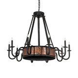 Unlit view of Costello 10-light chandelier highlighting black metal frame and copper band.