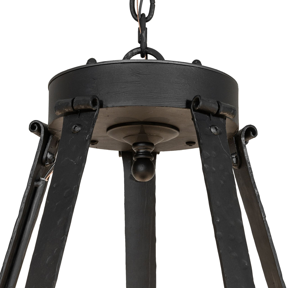 Close-up view of Costello chandelier upper frame showing suspension arms and central hub.