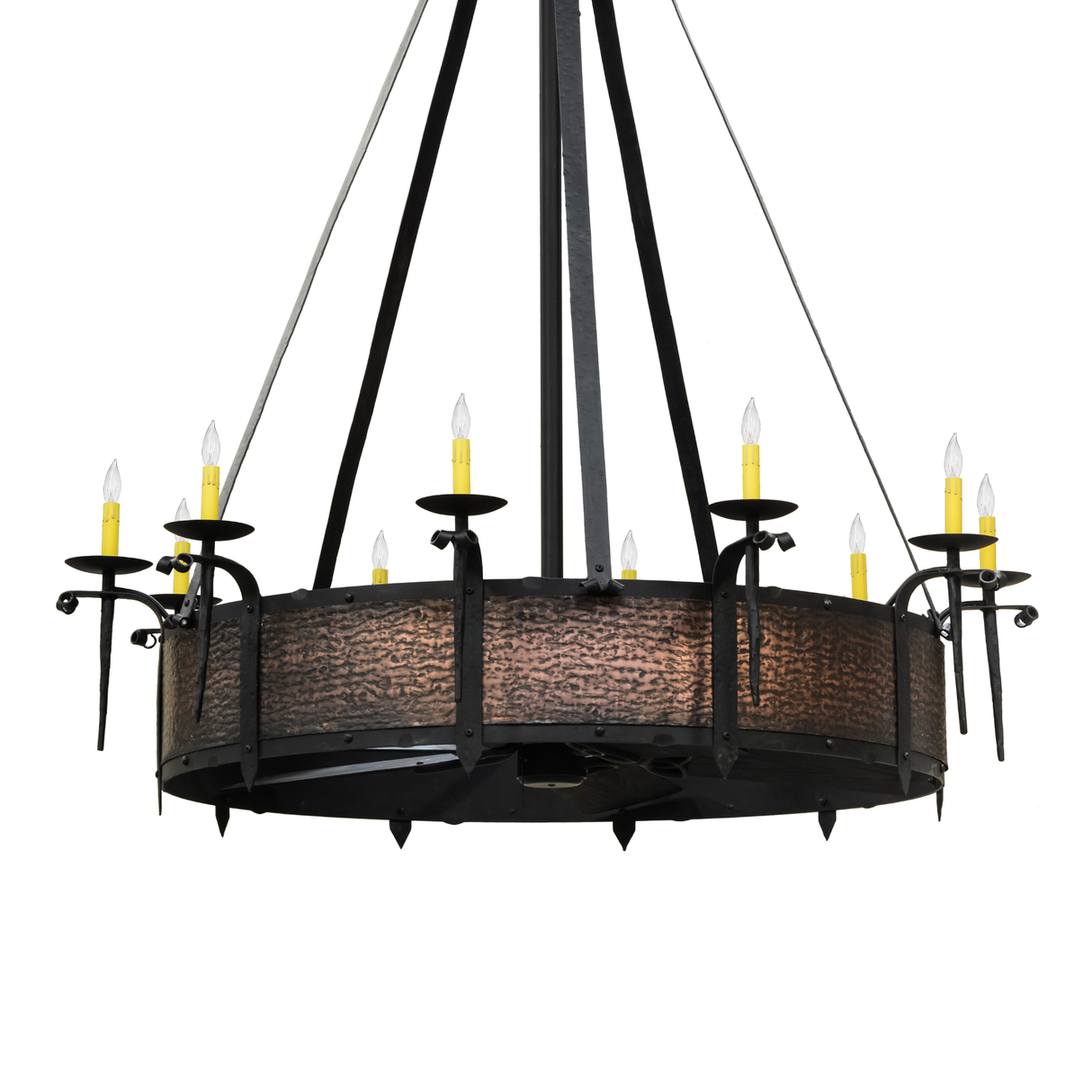 Unlit front view of Costello 10 LT Chandel-Air with black iron frame.