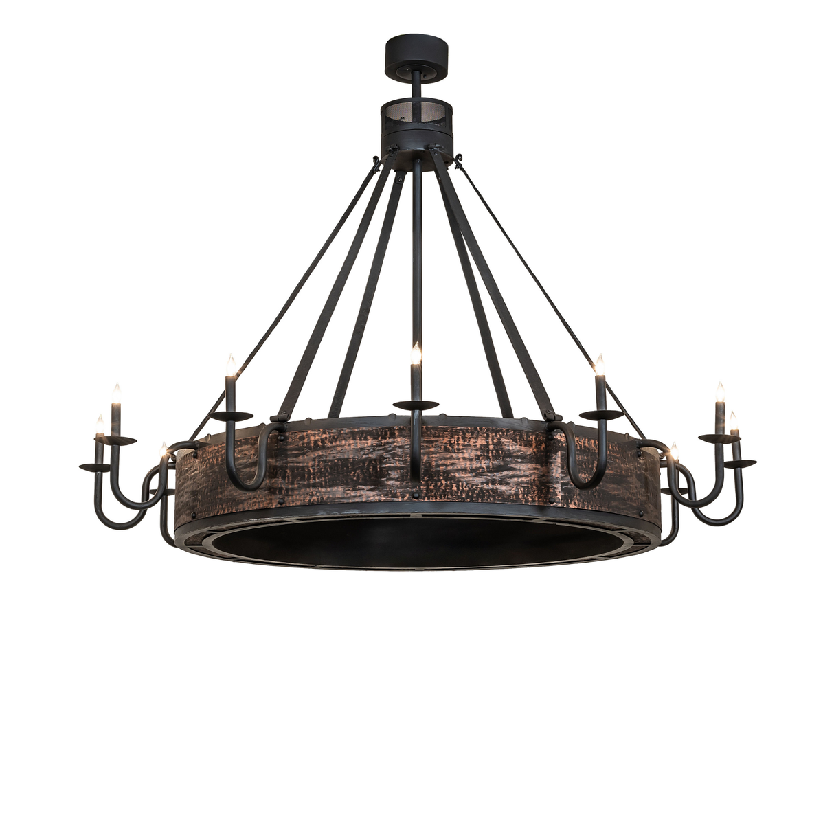 Front view of rustic Costello   chandelier in blackened copper finish.