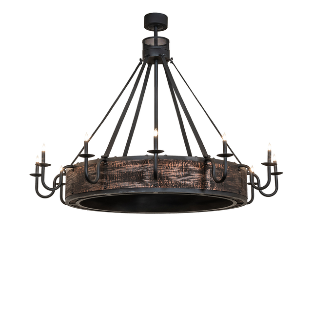 Front view of rustic Costello   chandelier in blackened copper finish.