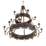 Low upward angled view revealing the lower ring of downlights beneath the chandelier.