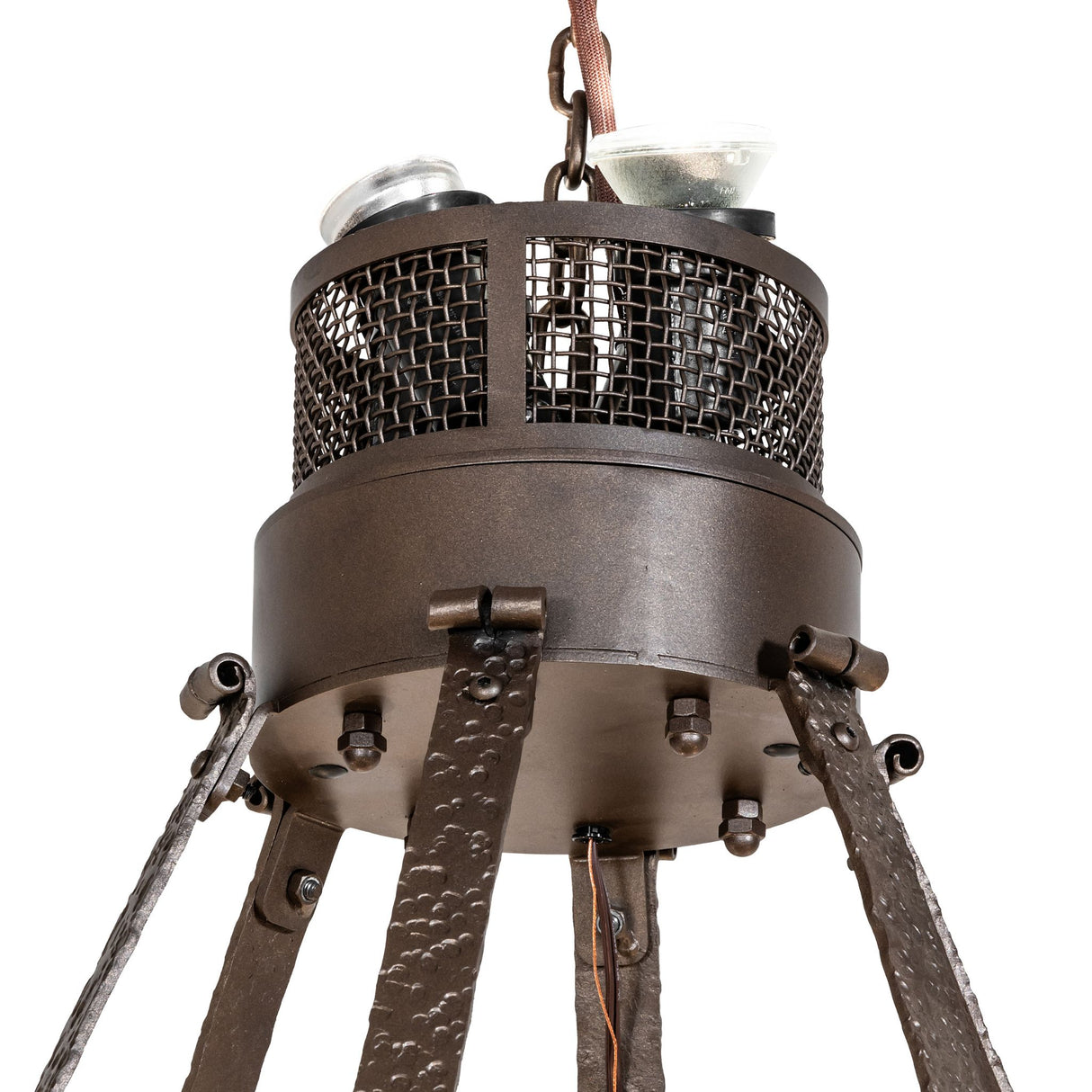 Detailed view of the chandelier’s top structure and hammered mounting elements.