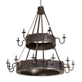 Unlit view of the chandelier showcasing its hammered copper frame and candle arm structure.
