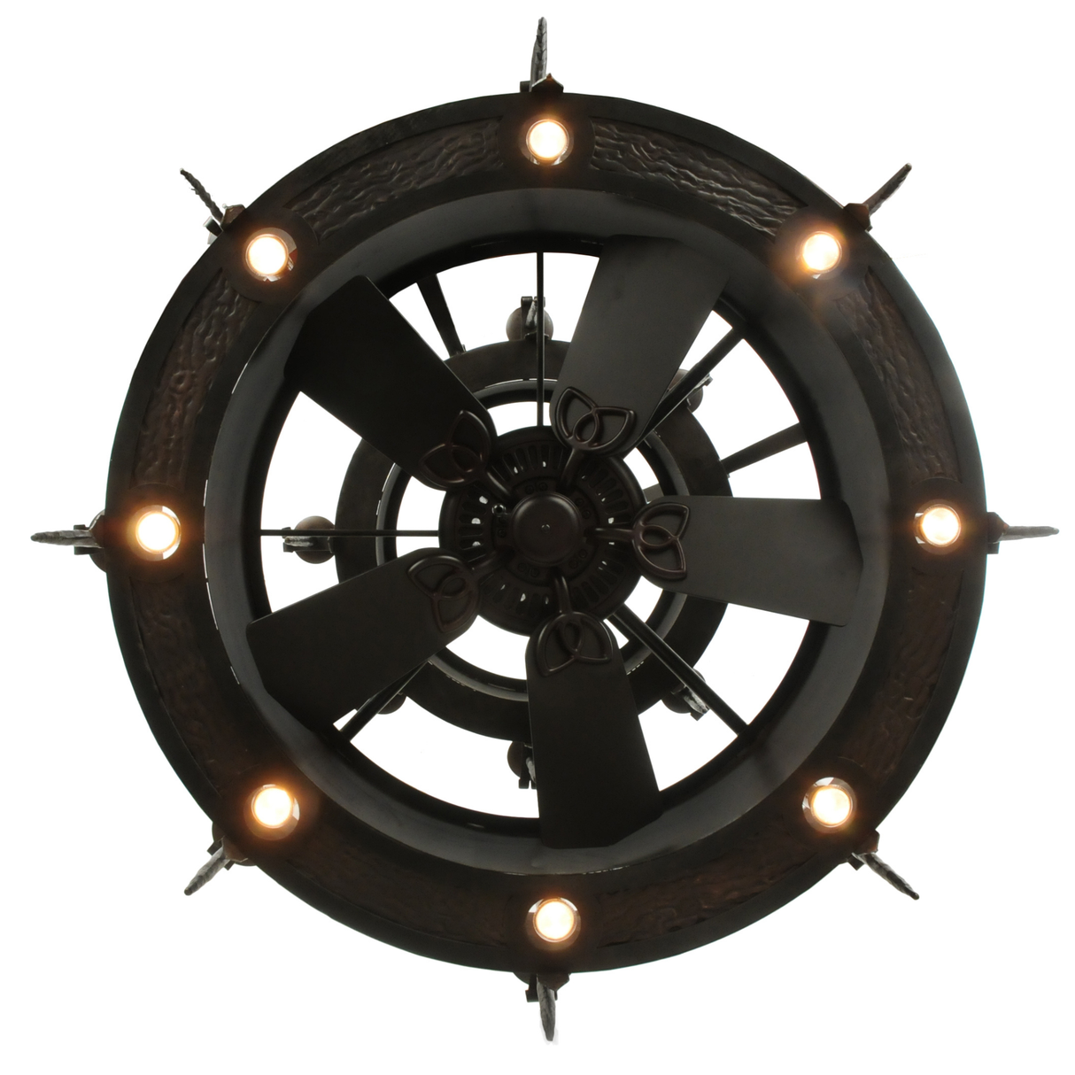 Bottom view showing fan blades and circular downlights.