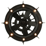 Bottom view showing fan blades and circular downlights.