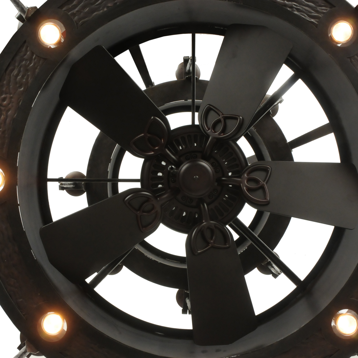 Close-up of fan blades and light ring underneath fixture.