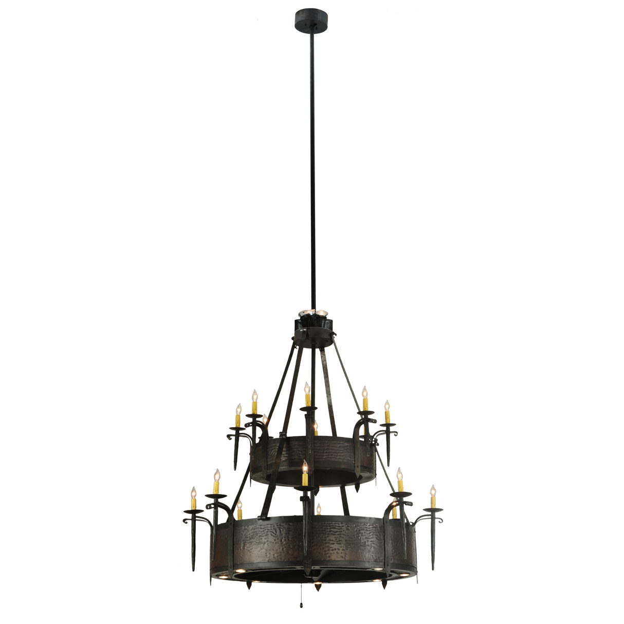 Full hanging view of Costello Chandel-Air with long rod and canopy.